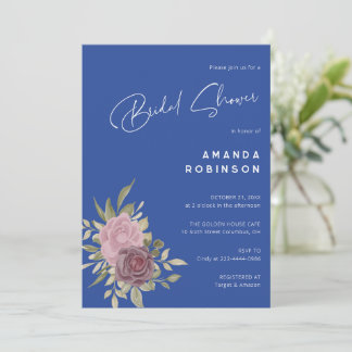 Invitación Moda Delft Ducha nupcial floral azul y blanca