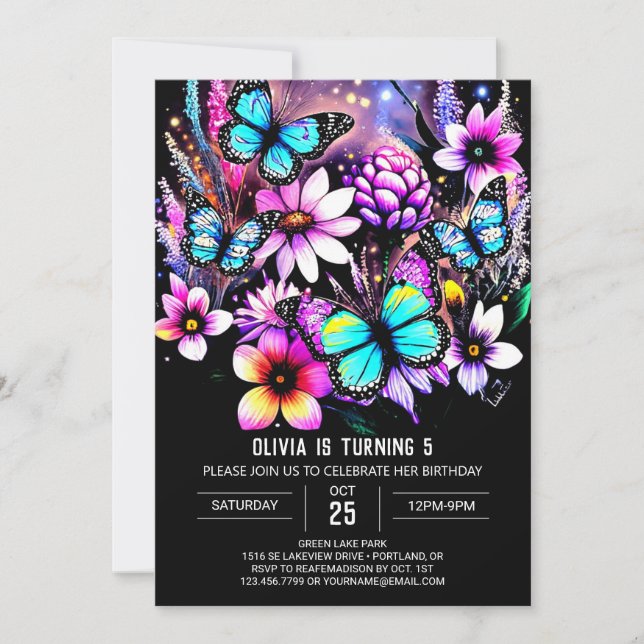 Invitación Moda Delicada Cumpleaños de la Mariposa Mística (Anverso)