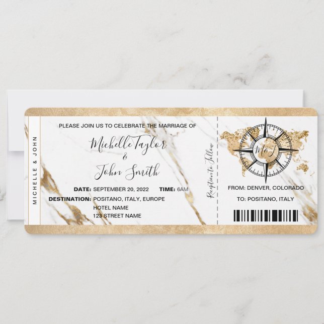 Invitación Moda Destino Boda Embarcadero Pagar Ticket Gold (Anverso)