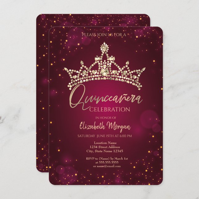 Invitación Moda Diamantes Crown Burgundy Quinceañera (Anverso / Reverso)