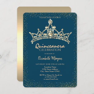 Invitación Moda Diamantes de oro Crown Blue Quinceañera