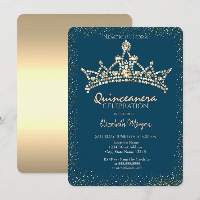 Invitación Moda Diamantes de oro Crown Blue Quinceañera (Anverso / Reverso)