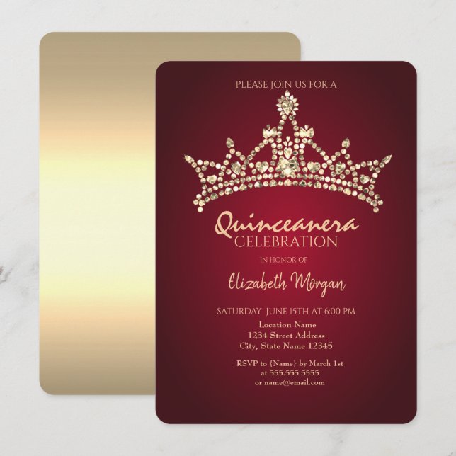 Invitación Moda Diamantes de Oro Crown Borgoña Quinceañera (Anverso / Reverso)