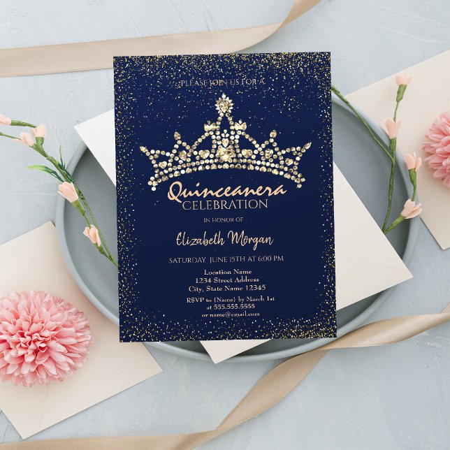 Invitación Moda Diamantes de Oro Crown Marina Azul Quinceañer (Subido por el creador)
