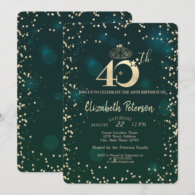 Invitación Moda Diamantes de Oro Verde 40 Fiesta de cumpleaño (Anverso / Reverso)