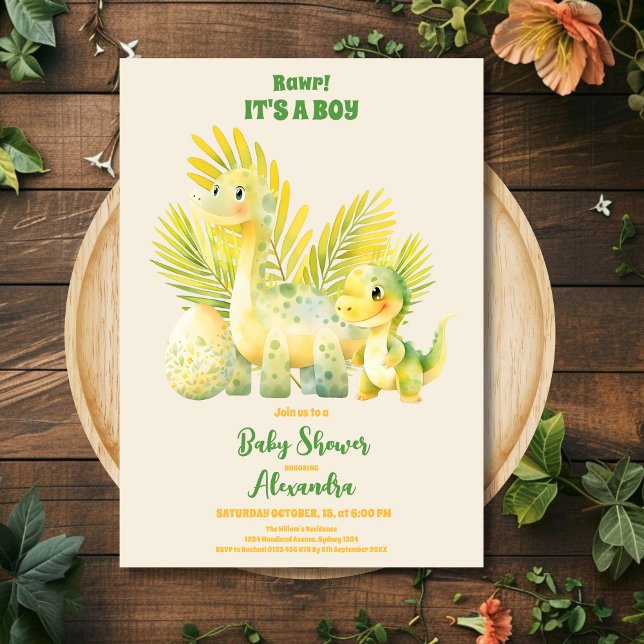 Invitación Moda Dinosaur Boy Baby Shower Greenery (Subido por el creador)