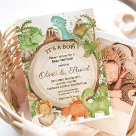 Invitación Moda Dinosaur Boy Baby Shower Greenery Chevron