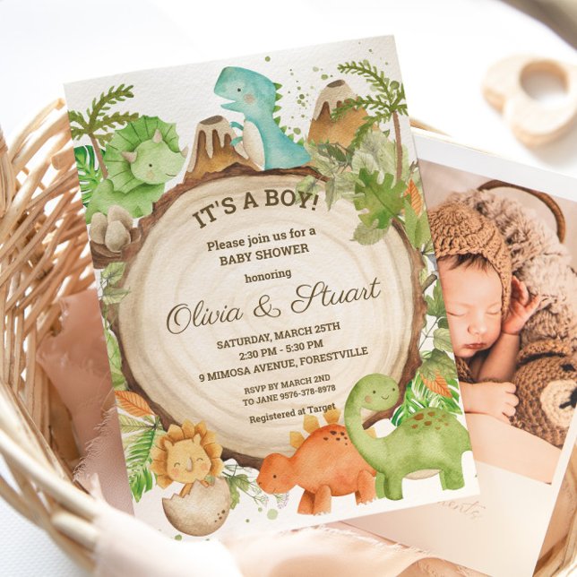 Invitación Moda Dinosaur Boy Baby Shower Greenery Chevron (Subido por el creador)
