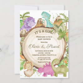 Invitación Moda Dinosaurios Chica Baby Shower Greenery Chevro