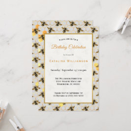 Invitación Moda Dorada Abejas Honeycomb Cumpleaños