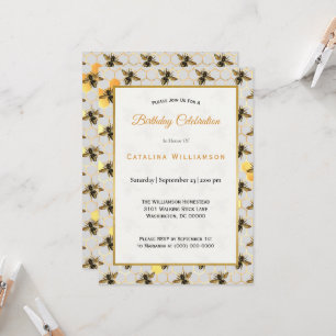 Invitación Moda Dorada Abejas Honeycomb Cumpleaños