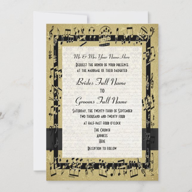 Invitación Moda dorada elegante hoja de música boda formal (Anverso)