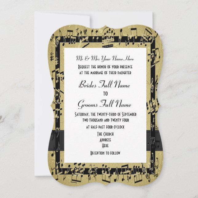 Invitación Moda dorada elegante hoja de música boda formal (Anverso)