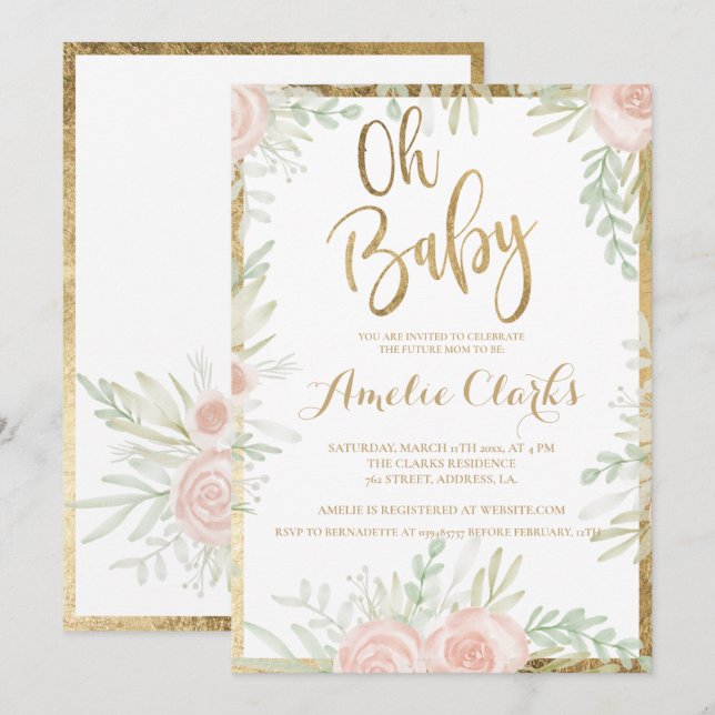 Invitación Moda dorada rosada  Baby Shower blanco (Anverso / Reverso)
