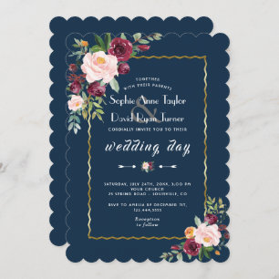 Invitación Moda Dorado Borgoña Rubor Floral Blue Boda