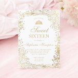 Invitación Moda dorado floral blanco Tiara moda Sweet 16<br><div class="desc">Moda moderna, bonito, elegantes flores de Relieve metalizado de purpurina de oro falso y elementos florales ilustracion con confeti dorado Sweet 16 cumpleaños invitación a una fiesta de cumpleaños en un blanco sencillo y editable con una princesa tiara de la corona purpurina de oro Perfecto para un cumpleaños 16 de...</div>