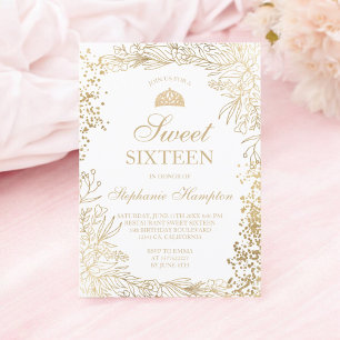 Invitación Moda dorado floral blanco Tiara moda Sweet 16