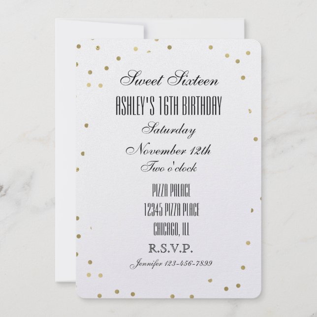 Invitación Moda Dorado Glam Confetti Dots Sweet 16 (Reverso)