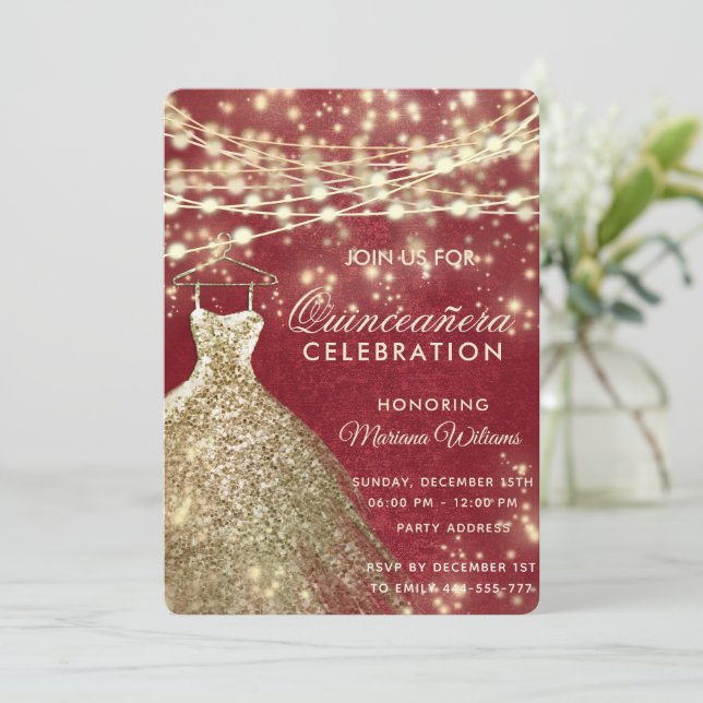 Invitación Moda dorado rojo Luces de cadena purpurina vestido (Anverso de pie)