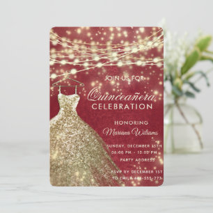 Invitación Moda dorado rojo Luces de cadena purpurina vestido