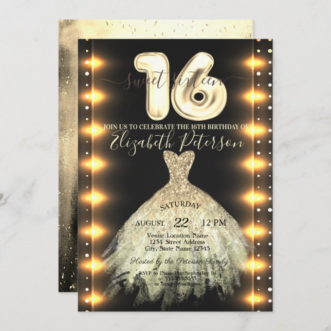 Invitación Moda Dorado Vestido Confetti Luces Dulces 16 (Anverso / Reverso)