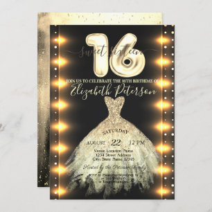 Invitación Moda Dorado Vestido Confetti Luces Dulces 16