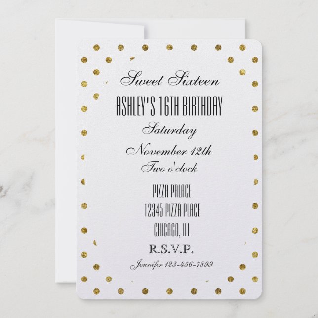 Invitación Moda Dots Gold Glam Sweet 16 (Reverso)
