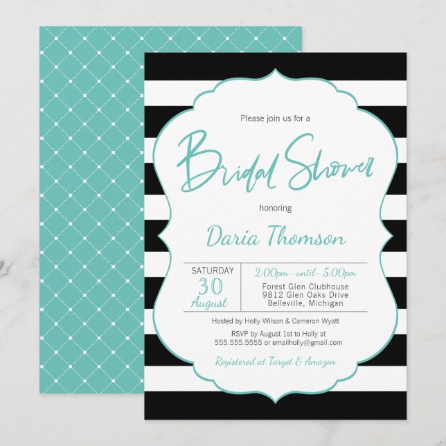 Invitación Moda Ducha de novia turquesa de franja blanca y ne (Anverso / Reverso)
