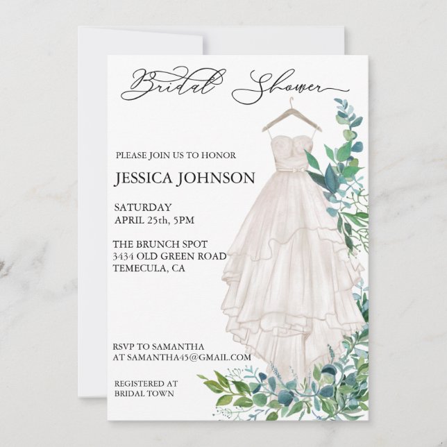 Invitación Moda Ducha de novia Vestido Boda Eucalyptus Hojas (Anverso)
