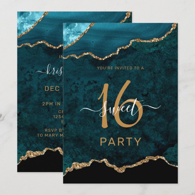 Invitación Moda Dulce Dieciséis Fiesta de Agate de Oro Verde  (Anverso / Reverso)