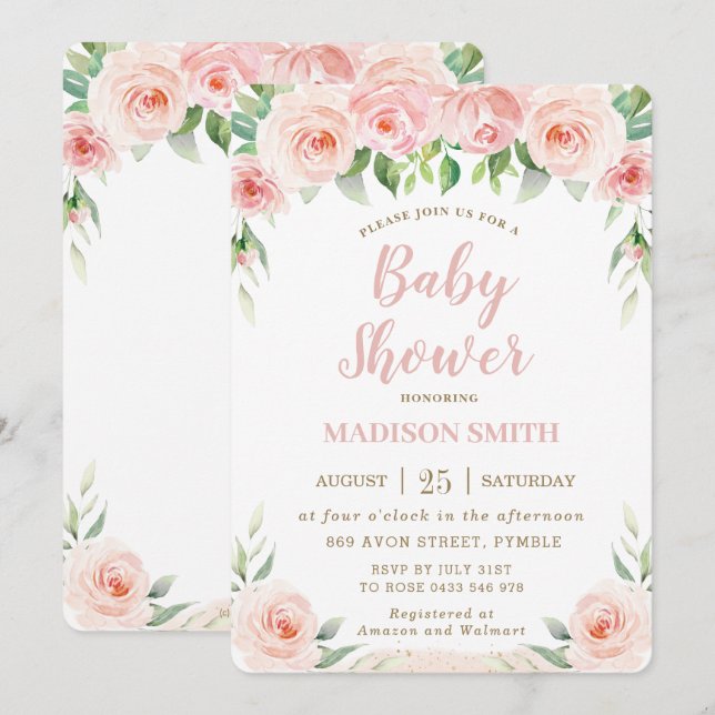 Invitación Moda dulce Rubor Pink Floral Greeneration Baby Sho (Anverso / Reverso)