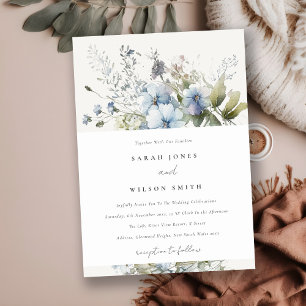 Invitación Moda Dusky Azul Acuarela Algodón Boda Floral