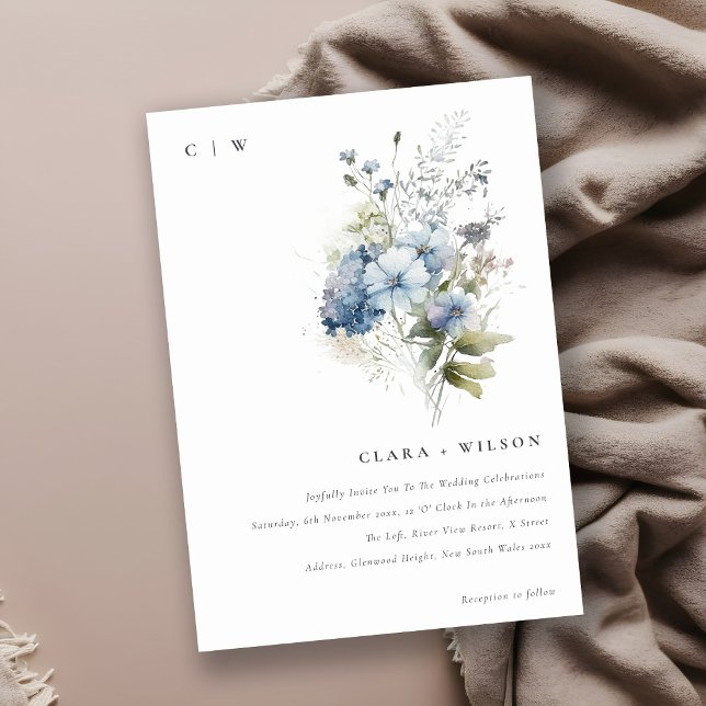 Invitación Moda Dusky Azul Acuarela Algodón Boda Floral (Subido por el creador)