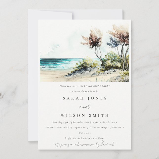 Invitación Moda Dusky Coastal Palm Beach Seascape Engagement (Anverso)