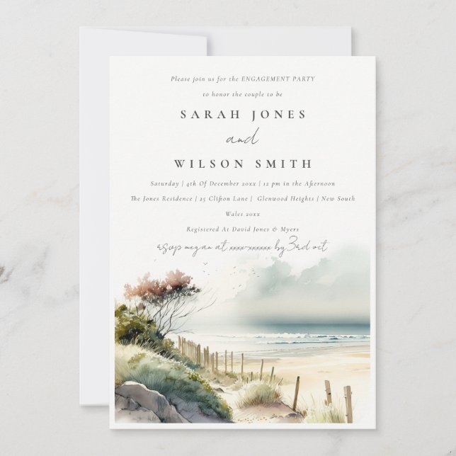 Invitación Moda Dusky Coastal Sand Beach Seascape Engagement (Anverso)