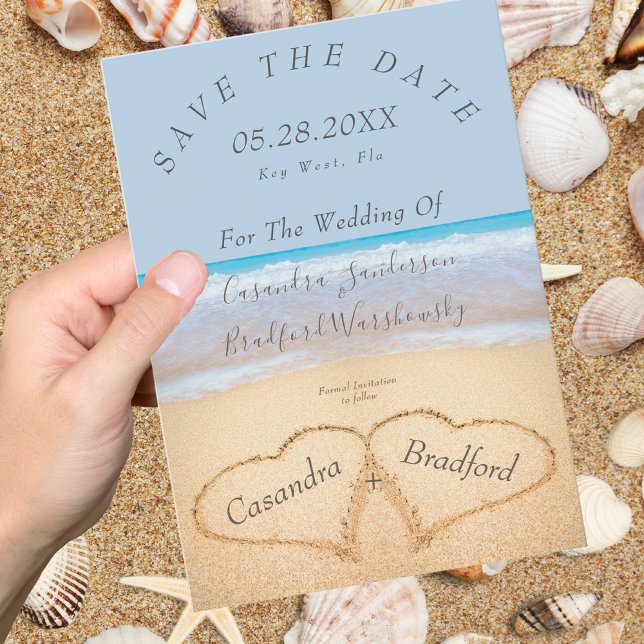Invitación Moda Dusty Blue Beach Wedding Hearts Sand boda (Subido por el creador)