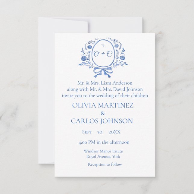 Invitación Moda Dusty Blue Escudo Monograma elegante Boda (Anverso)