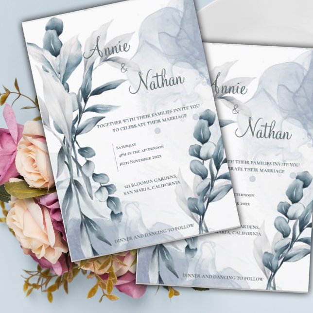 Invitación Moda Dusty Blue Eucalyptus deja elegante boda (Chic Dusty Blue Eucalyptus Leaves Elegant Wedding Invitation)