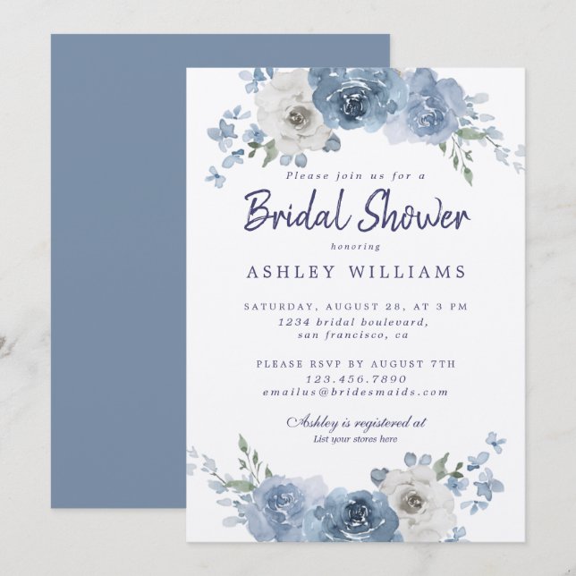 Invitación Moda Dusty Blue Ivory Rosa Bridal Shower Invitatia (Anverso / Reverso)
