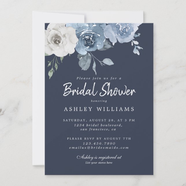 Invitación Moda Dusty Blue Ivory Rosa Dark Blue Bridal Shower (Anverso)