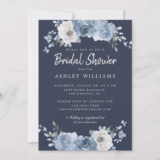 Invitación Moda Dusty Blue Ivory Rosa Dark Blue Bridal Shower (Anverso)