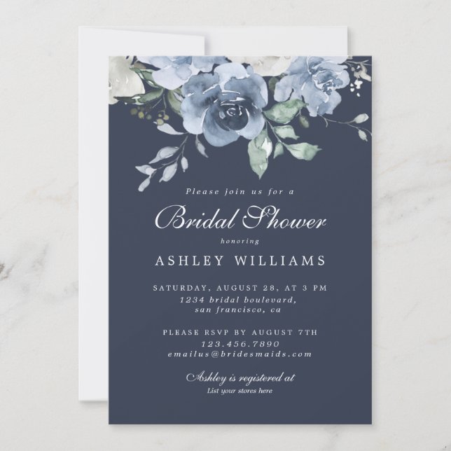 Invitación Moda Dusty Blue Ivory Rosa Dark Blue Bridal Shower (Anverso)