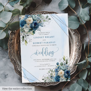 Invitación Moda Dusty Blue Roses Blancas Invitan a una boda d