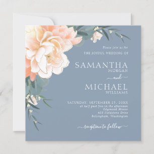 Invitación Moda Dusty Blue Rubor Peach Gold Floral Boda