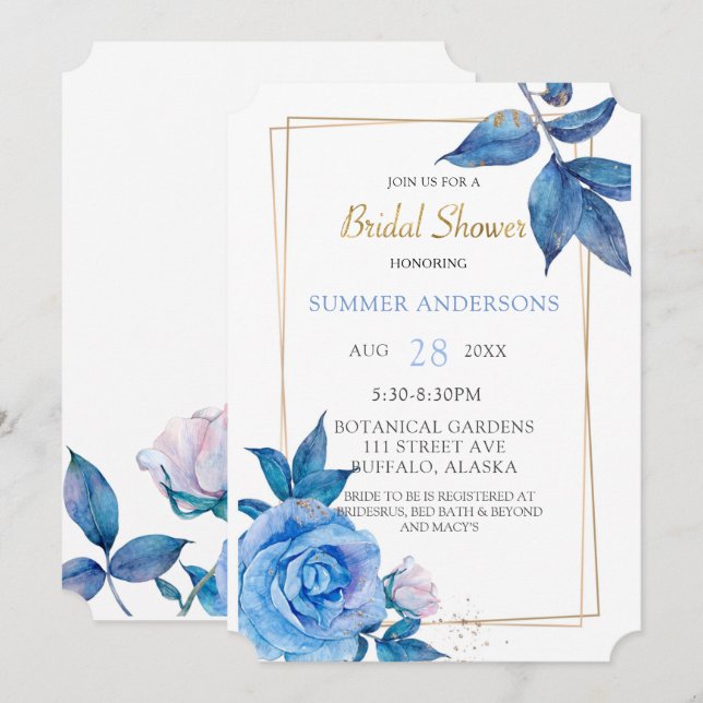 Invitación Moda Dusty Blue Rubor Rosas de oro ducha de novia (Anverso / Reverso)