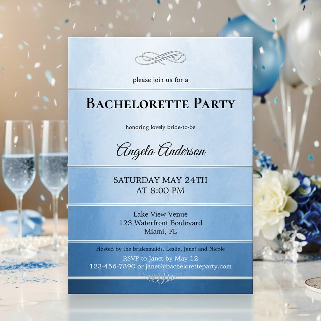 Invitación Moda Dusty Blue Striped Bachelorette (Bachelorette party invitation featuring a blue tone on tone striped design with a silver lining)
