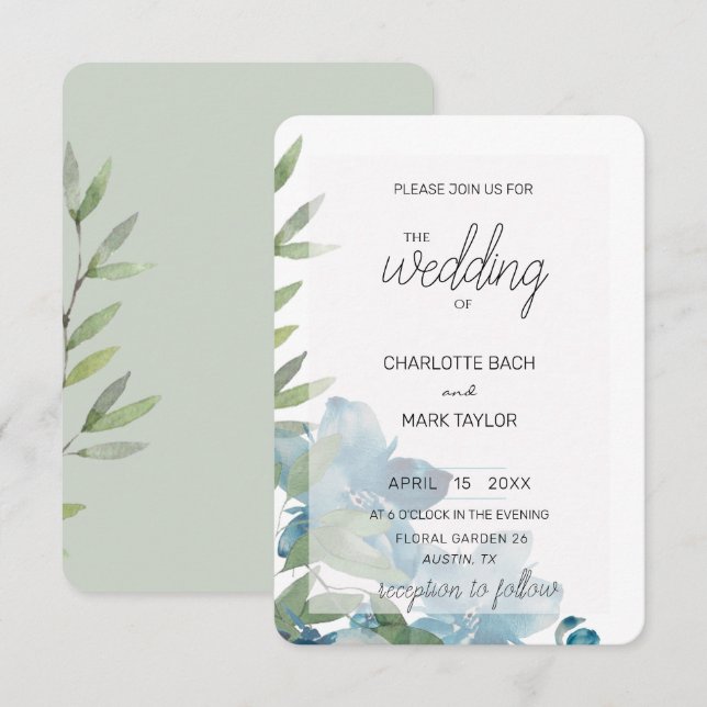 Invitación Moda Dusty Blue Watercolor Floral (Anverso / Reverso)