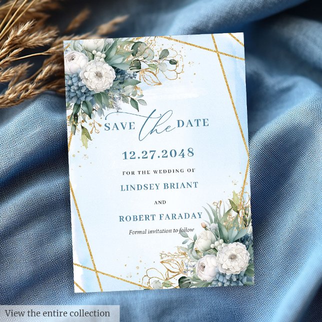 Invitación Moda Dusty Blue White Gold Floral Salvar La Fecha (Chic Dusty Blue White Gold Floral Save The Date)