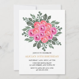 Invitación Moda Dusty Flora Rosa Rosa Oro 16 cumpleaños