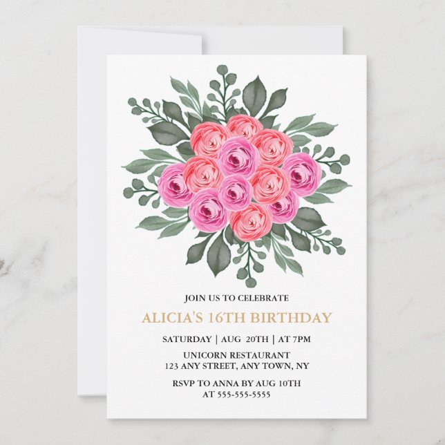 Invitación Moda Dusty Flora Rosa Rosa Oro 16 cumpleaños (Anverso)